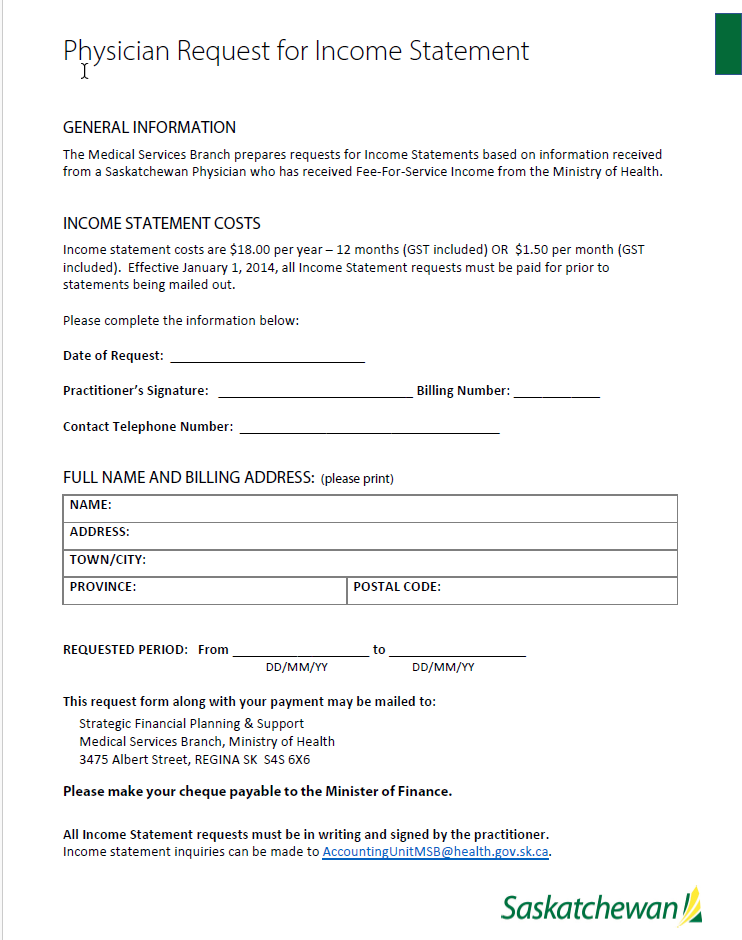 Physician Request for Income Statement Form
