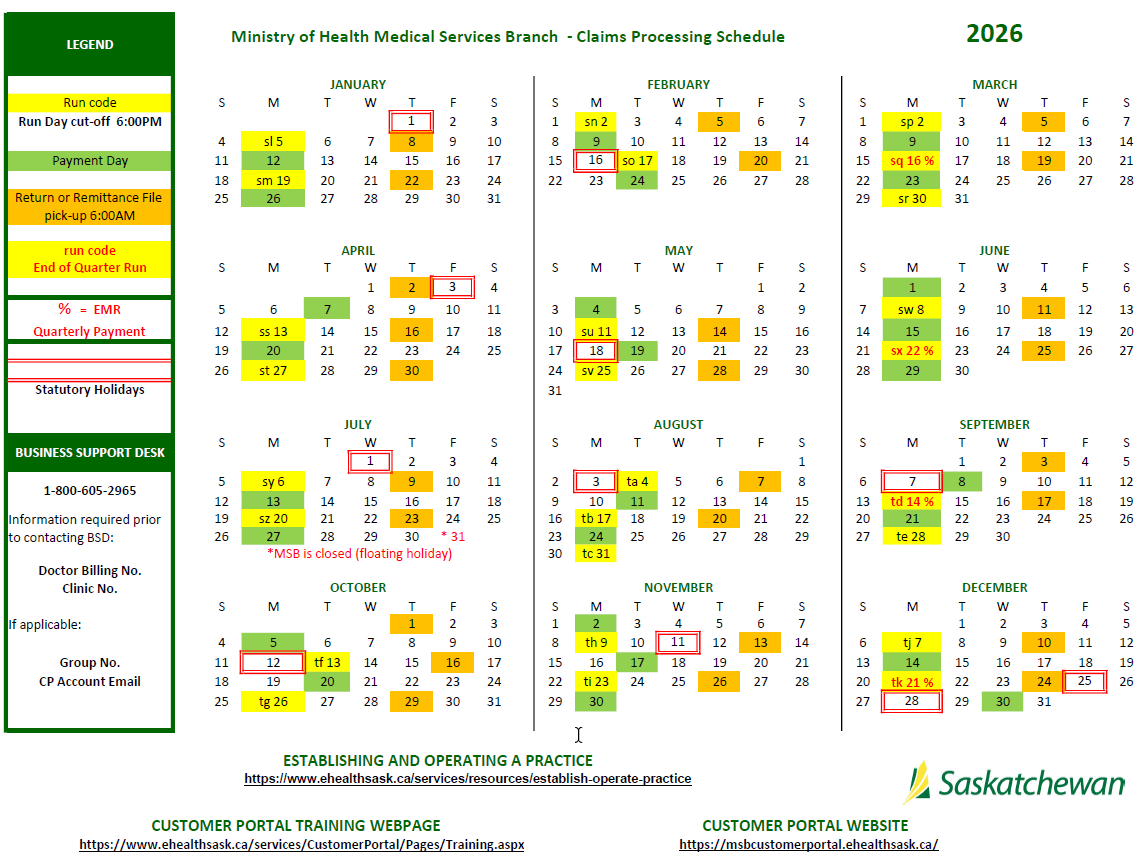 MSB Claims Processing Schedule 2026